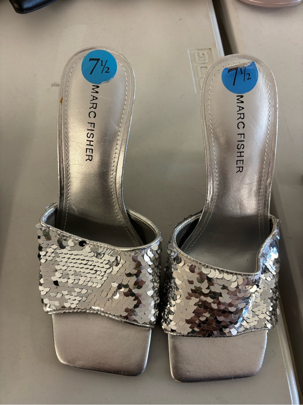 Marc Fisher Silver Sequin Slide Mules